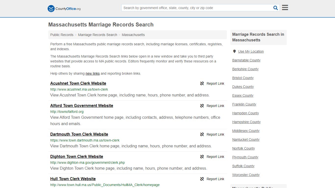 Massachusetts Marriage Records Search - County Office